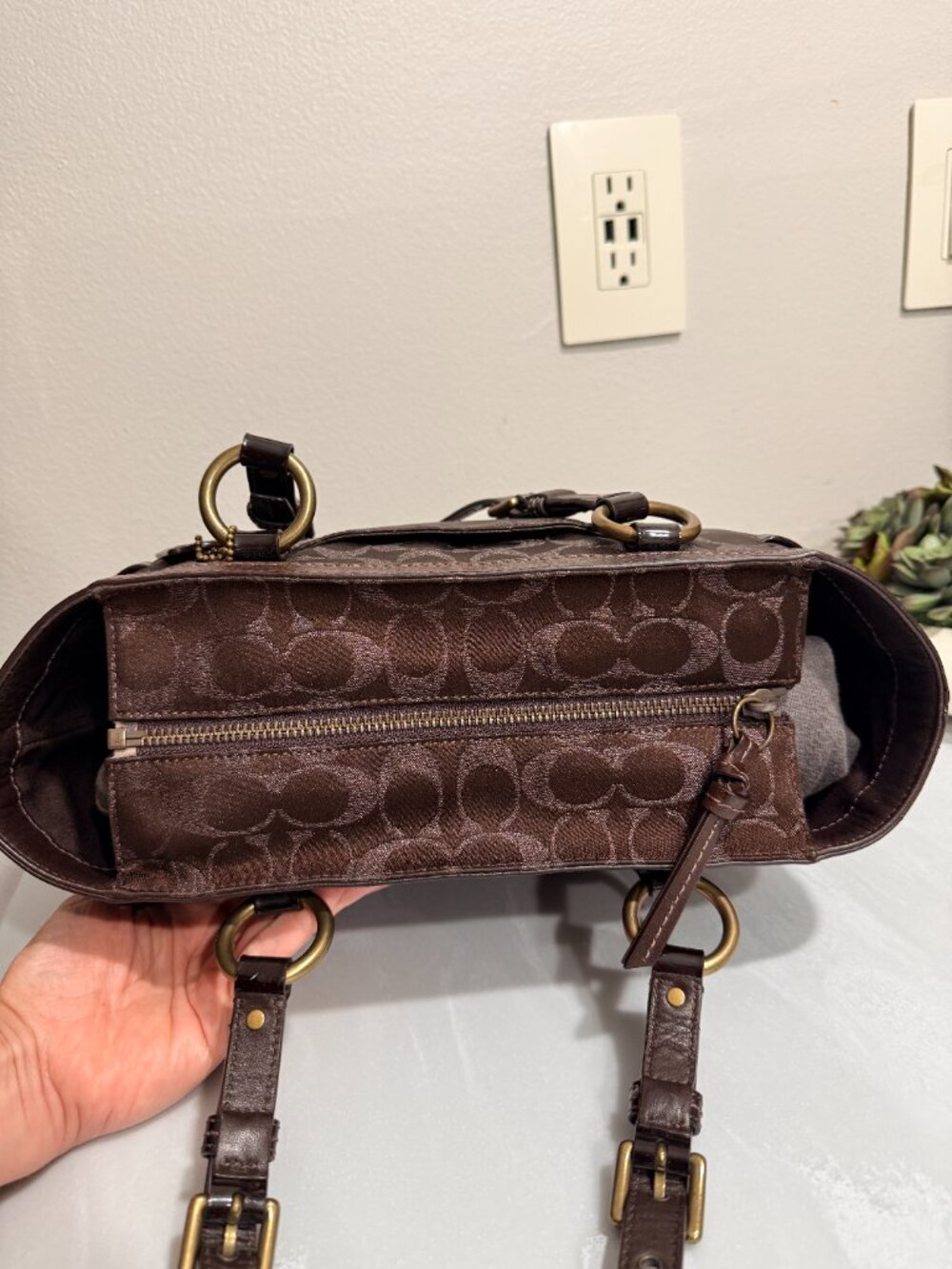 Dark Chocolate Brown Coach Signature Studded Lurex Tote Bag - Picture 7 of 14